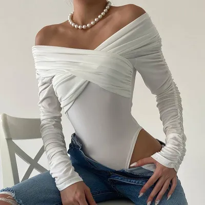 Women Off Shoulder V-Neck Pleated Long-Sleeved Bodysuit