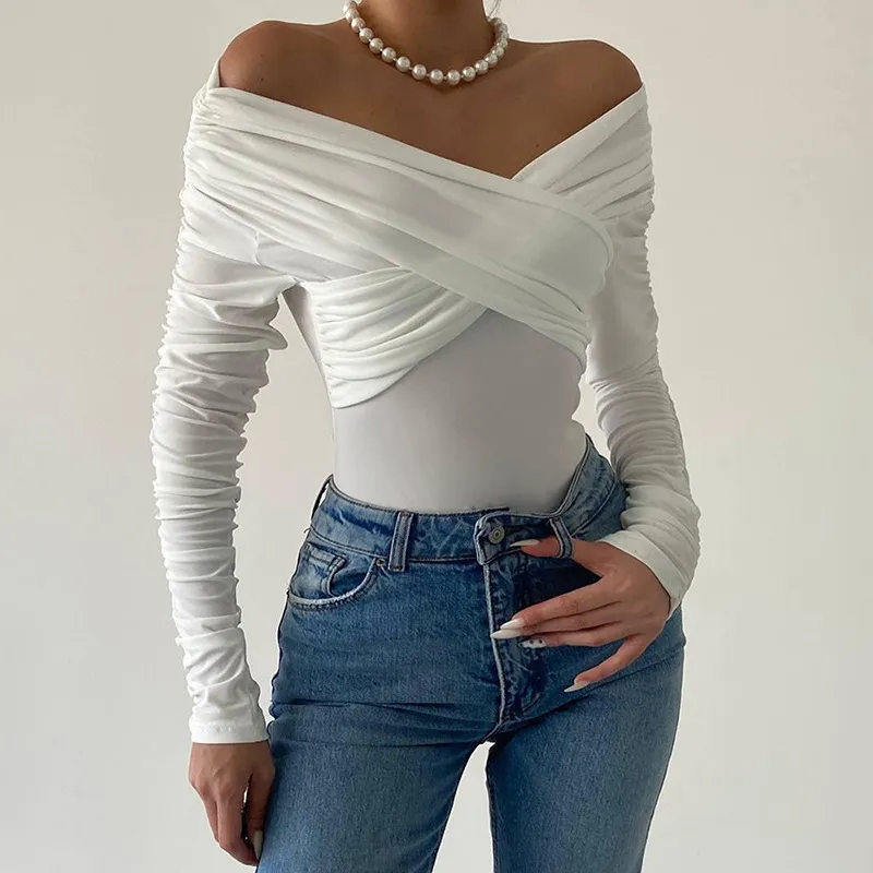 Women Off Shoulder V-Neck Pleated Long-Sleeved Bodysuit