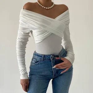 Women Off Shoulder V-Neck Pleated Long-Sleeved Bodysuit
