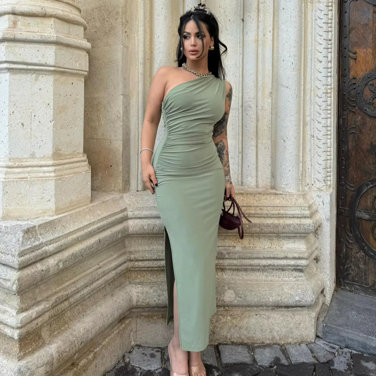Summer Oblique Shoulder Solid Color Split Slim-Fit Maxi Dress Women