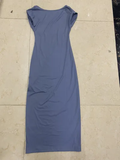 Sexy Women Solid Color Backless Short Sleeve Round Neck Slim Long Dress
