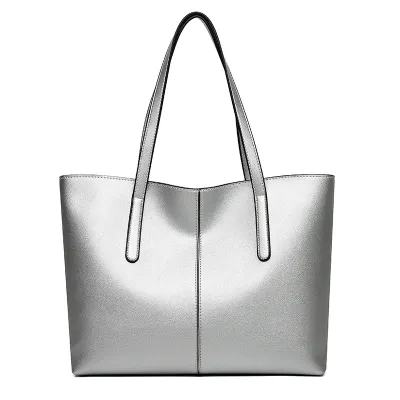 Women Simple Solid Color Large Capacity PU Tote Shoulder Bag with Zipper