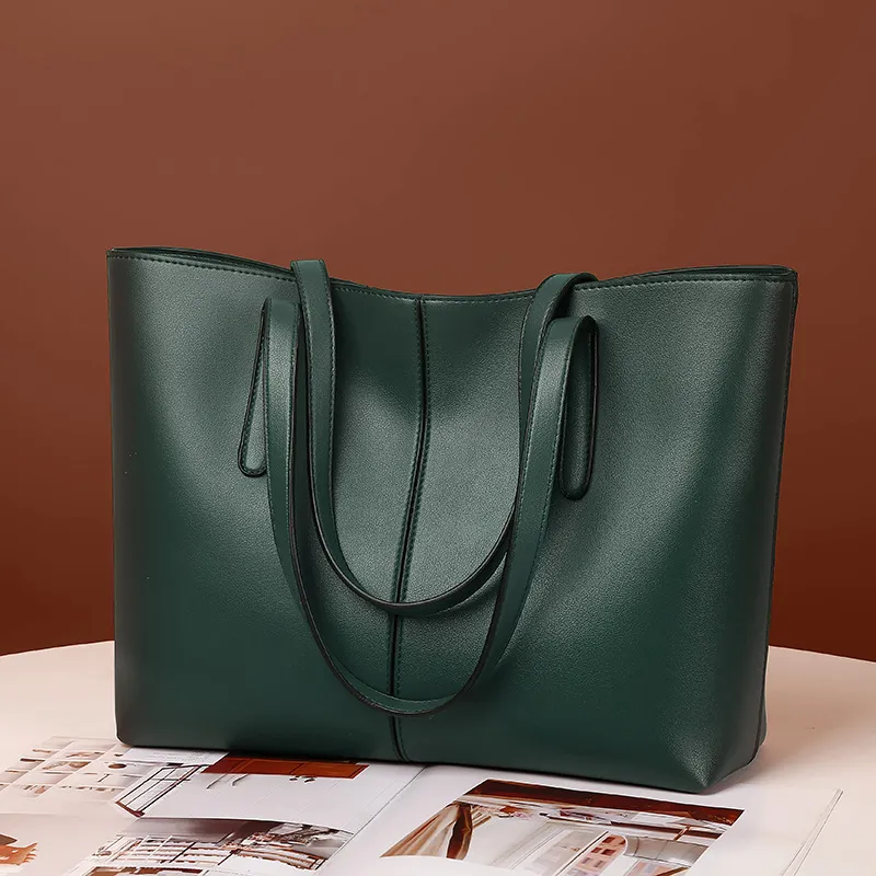Women Simple Solid Color Large Capacity PU Tote Shoulder Bag with Zipper