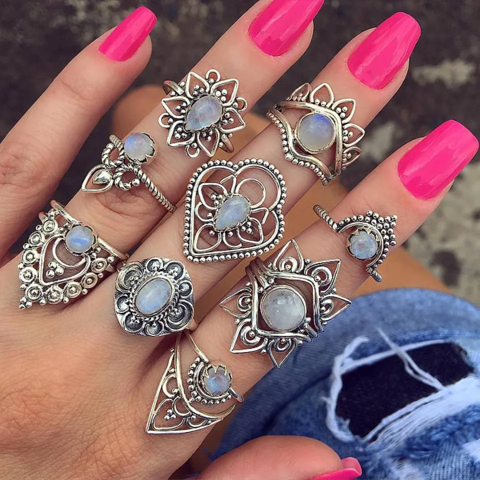 Women Retro Exaggerated Crown Star Gemstone Ring Set 9-Piece