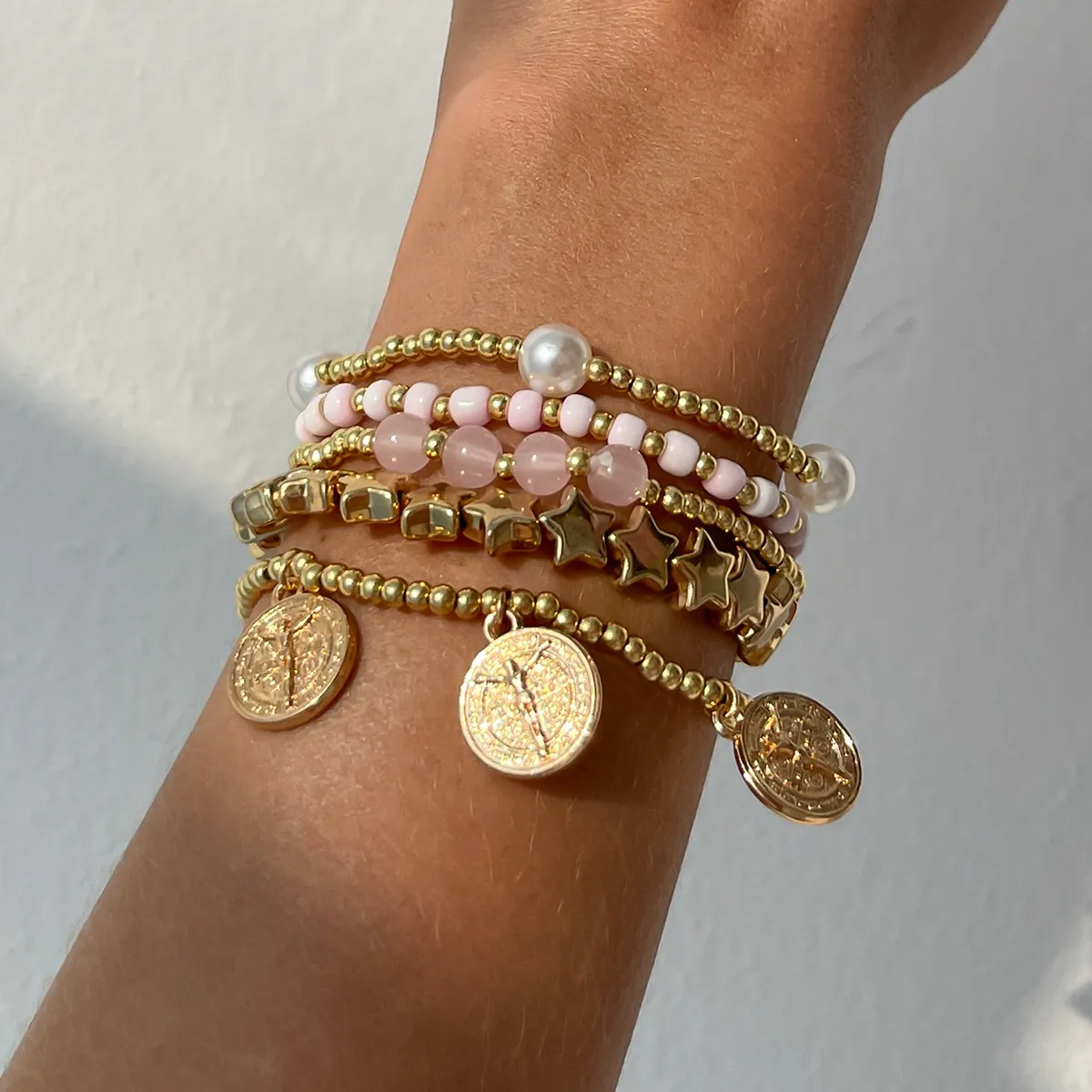 Women's Fashion Coin Tassel Imitation Pearl Star Beaded Multilayer Bracelet