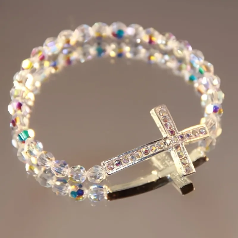 Women Fashion Cross Beaded Bracelet Natural Glass Round 8Mm