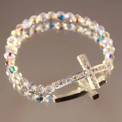 Women Fashion Cross Beaded Bracelet Natural Glass Round 8Mm