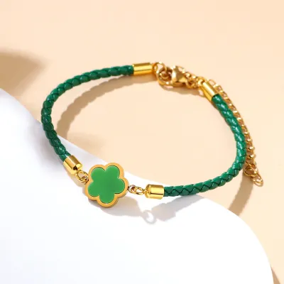 Women Fashion Plated 18K Four-Leaf Clover Red Rope Bracelet