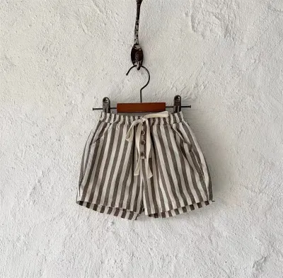 Summer Baby Boys Girls Cotton Vertical Stripe Casual Shorts Neutral Mid-Waist