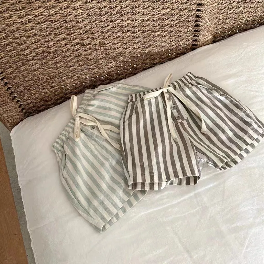 Summer Baby Boys Girls Cotton Vertical Stripe Casual Shorts Neutral Mid-Waist