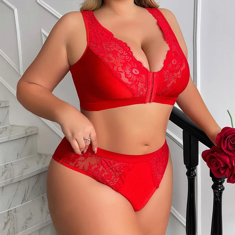 Women Plus Size Sexy Lace Adjustable Non-Steel Ring Bra Set
