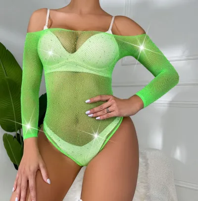 Women Fashion Solid Color Rhinestone Mesh Off Shoulder Long Sleeve One-Piece Sexy Lingerie