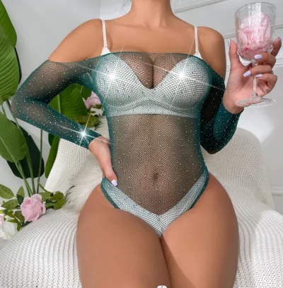 Women Fashion Solid Color Rhinestone Mesh Off Shoulder Long Sleeve One-Piece Sexy Lingerie