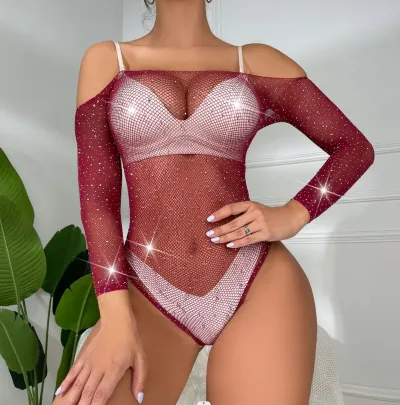 Women Fashion Solid Color Rhinestone Mesh Off Shoulder Long Sleeve One-Piece Sexy Lingerie