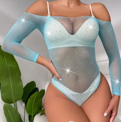 Women Fashion Solid Color Rhinestone Mesh Off Shoulder Long Sleeve One-Piece Sexy Lingerie