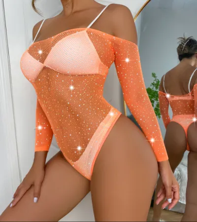 Women Fashion Solid Color Rhinestone Mesh Off Shoulder Long Sleeve One-Piece Sexy Lingerie