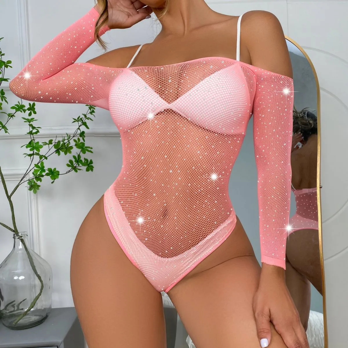 Women Fashion Solid Color Rhinestone Mesh Off Shoulder Long Sleeve One-Piece Sexy Lingerie