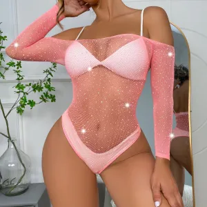 Women Fashion Solid Color Rhinestone Mesh Off Shoulder Long Sleeve One-Piece Sexy Lingerie