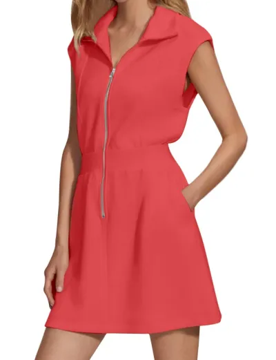 Women Casual Solid Color Lapel Zipper Pocket Sleeveless Dress