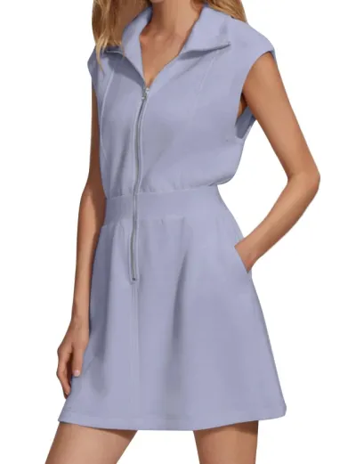 Women Casual Solid Color Lapel Zipper Pocket Sleeveless Dress