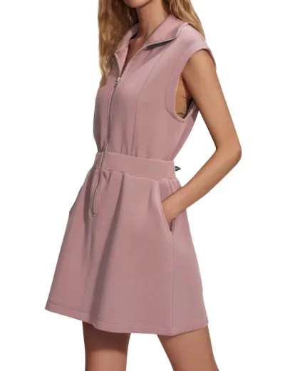Women Casual Solid Color Lapel Zipper Pocket Sleeveless Dress