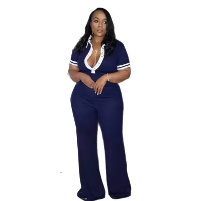 Women Casual Color-Contrast Lapel V-Neck Short-Sleeve Slim-Fit Jumpsuits