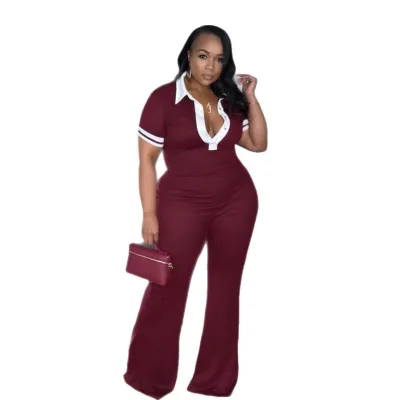 Women Casual Color-Contrast Lapel V-Neck Short-Sleeve Slim-Fit Jumpsuits