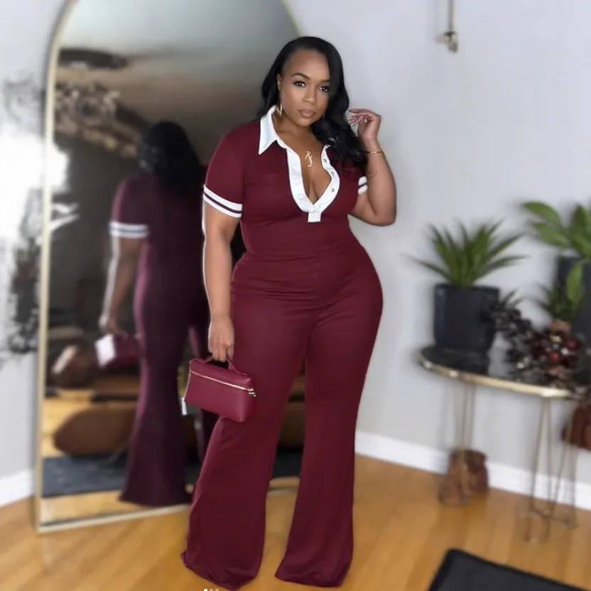Women Casual Color-Contrast Lapel V-Neck Short-Sleeve Slim-Fit Jumpsuits