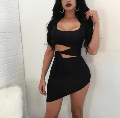 Women Fashion Sexy Solid Color Irregular Hollow-Out Round Neck Sleeveless Tight Bodycon Dress