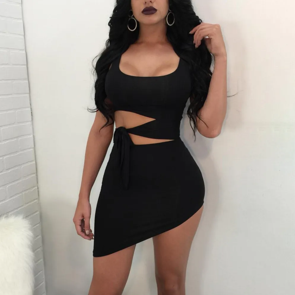 Women Fashion Sexy Solid Color Irregular Hollow-Out Round Neck Sleeveless Tight Bodycon Dress