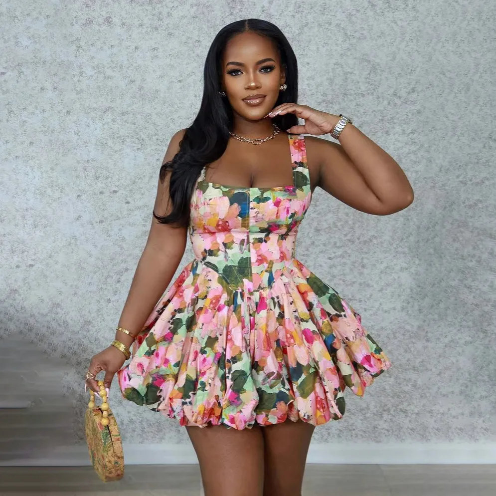 Women Fashion Sexy Flower Printed Sleeveless Backless Bubble Dress