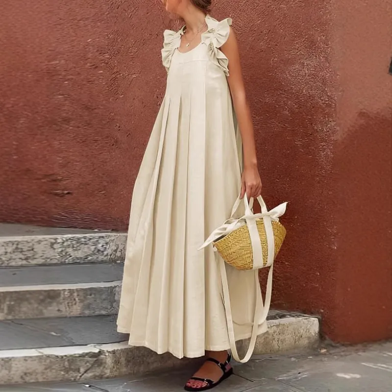 Women Fashion Casual Solid Color Curled Edge Sleeveless Loose Maxi Dress