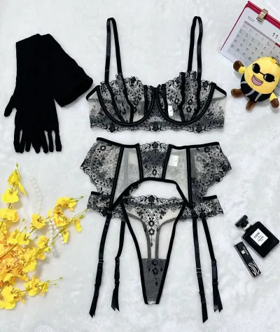 Women Floral Embroidery Mesh Sexy Lingerie Set