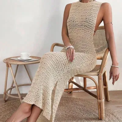 Women Fashion Sexy Solid Color Knitted Hollow-Out Sleeveless Swimsuit Cover-Ups