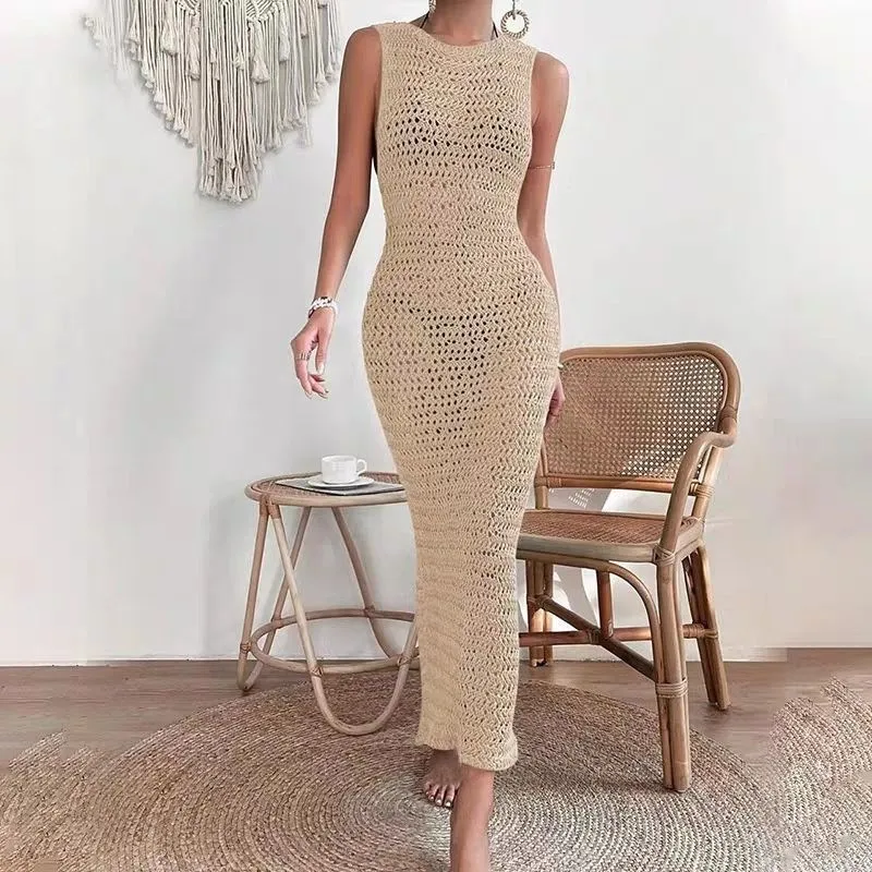 Women Fashion Sexy Solid Color Knitted Hollow-Out Sleeveless Swimsuit Cover-Ups