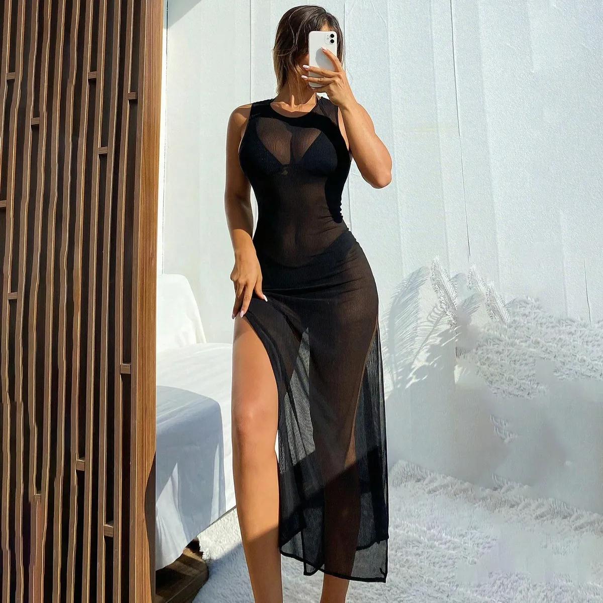Women Fashion Sexy Semi-Transparent Mesh Sleeveless Swimsuit Cover-Ups