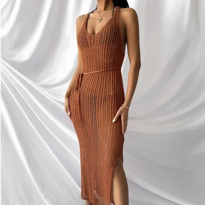 Women Fashion Sexy Solid Color Knitted Hollow-Out Sleeveless Backless Loose Swimsuit Cover-Ups