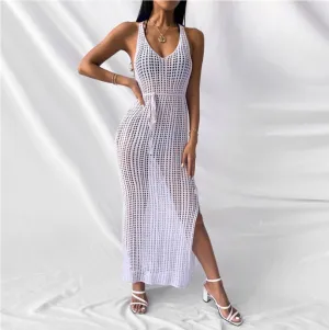Women Fashion Sexy Solid Color Knitted Hollow-Out Sleeveless Backless Loose Swimsuit Cover-Ups