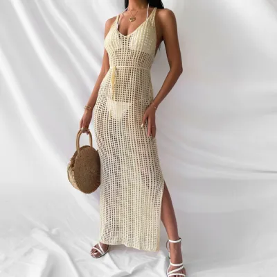 Women Fashion Sexy Solid Color Knitted Hollow-Out Sleeveless Backless Loose Swimsuit Cover-Ups