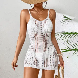 Women Fashion Solid Color Knitted Hollow-Out Spaghetti Strap Swimsuit Cover-Ups