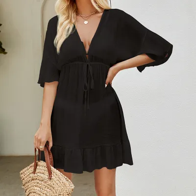 Women Fashion Casual Solid Color Ruffled Drawstring Short-Sleeve Swimsuit Cover-Ups