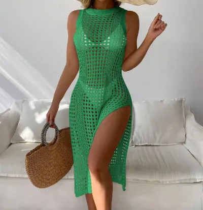 Women Fashion Sexy Solid Color Round Neck Sleeveless Knitted Swimsuit Cover-Ups