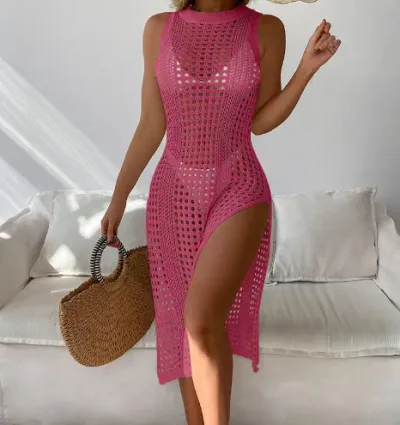 Women Fashion Sexy Solid Color Round Neck Sleeveless Knitted Swimsuit Cover-Ups