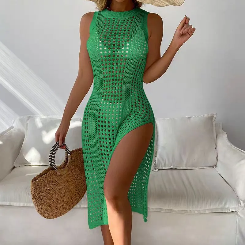 Women Fashion Sexy Solid Color Round Neck Sleeveless Knitted Swimsuit Cover-Ups