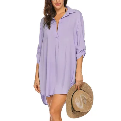 Women Fashion Solid Color Lapel Deep V Neck Long-Sleeve Swimsuit Cover-Ups