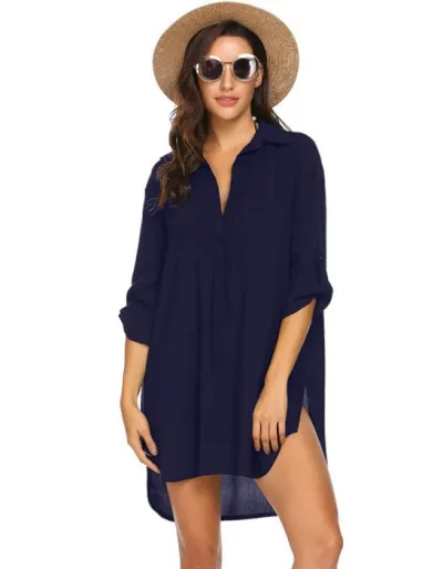 Women Fashion Solid Color Lapel Deep V Neck Long-Sleeve Swimsuit Cover-Ups