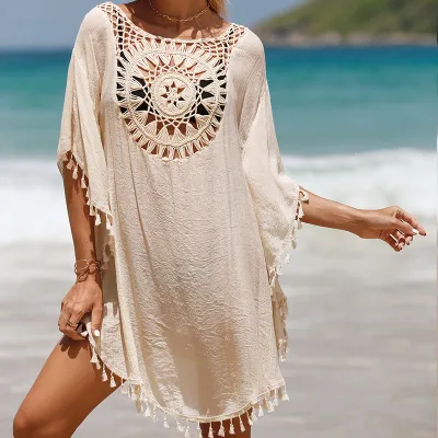 Women Fashion Casual Solid Color Stitching Hollow-Out Tassel Swimsuit Cover-Ups