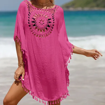 Women Fashion Casual Solid Color Stitching Hollow-Out Tassel Swimsuit Cover-Ups
