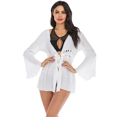 Women Fashion Casual Solid Color Hollow-Out Lace-Up Loose Swimsuit Cover-Ups