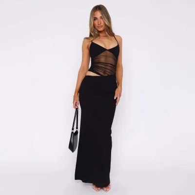 Women Sexy Solid Color Mesh Sleeveless Camisole Slim-Fit Skirt Two-Piece Set